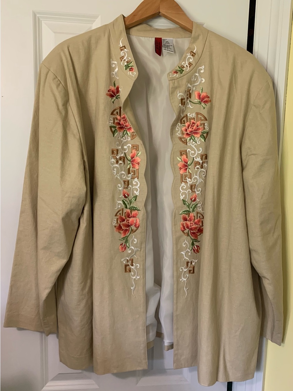 Linen Blend Embroidered Floral Open Cardigan Jacket Tan Beige Neutral